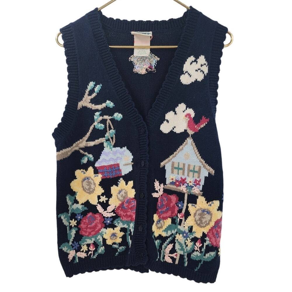 Vintage Floral Bird House 3 Button Sweater Vest‎ Hand Knitt Size Small